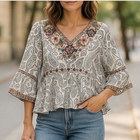 Savanna Jane Embroidered Boho Top Western Paisley Floral Oversized Sleeves 2X - Picture 8 of 8